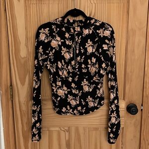 Free People Black Floral Long Sleeve Top